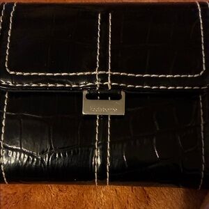 Liz Claiborne Black Croc-Embossed Wallet with White Stitching